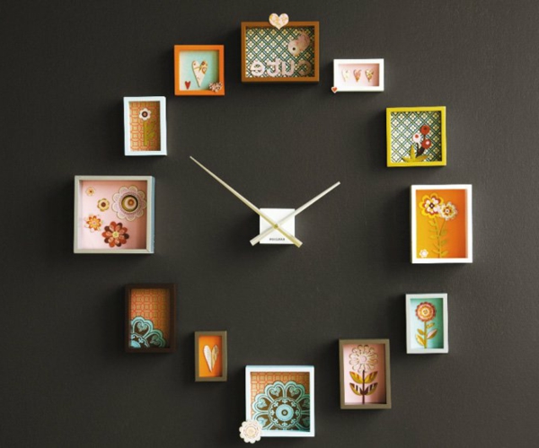 marco de fotos de relojes de pared de sala de estar - pared negra