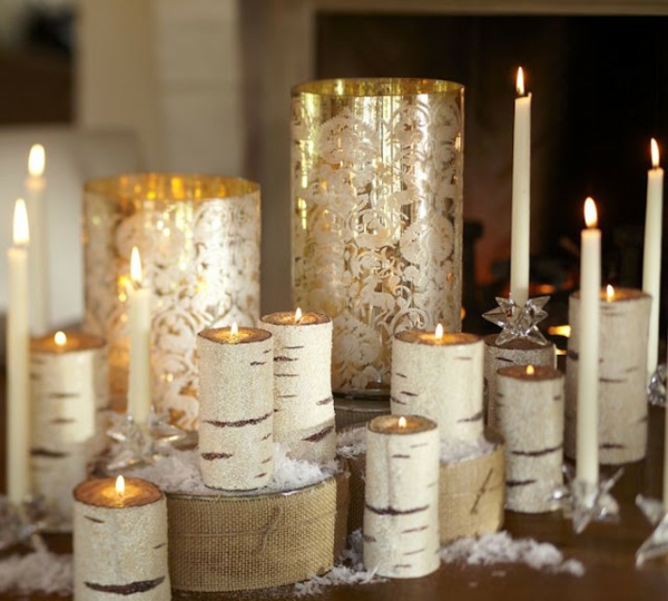 精彩的餐桌装饰装饰 - 从 - 桦树树干蜡烛