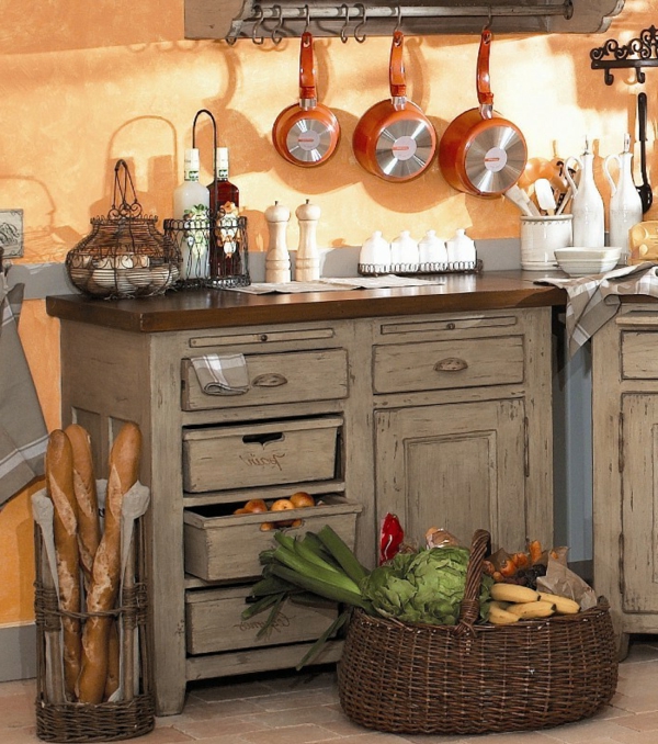 όμορφο σχεδιασμό γαλλική κουζίνα εξοχική κατοικία με φρούτα και λαχανικά