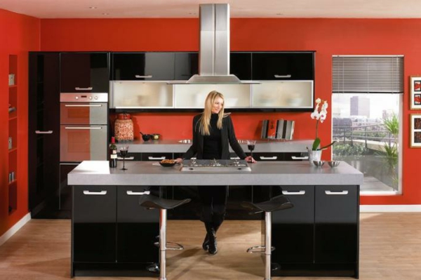美丽的红色厨房墙壁颜色 - 黑 - 家具