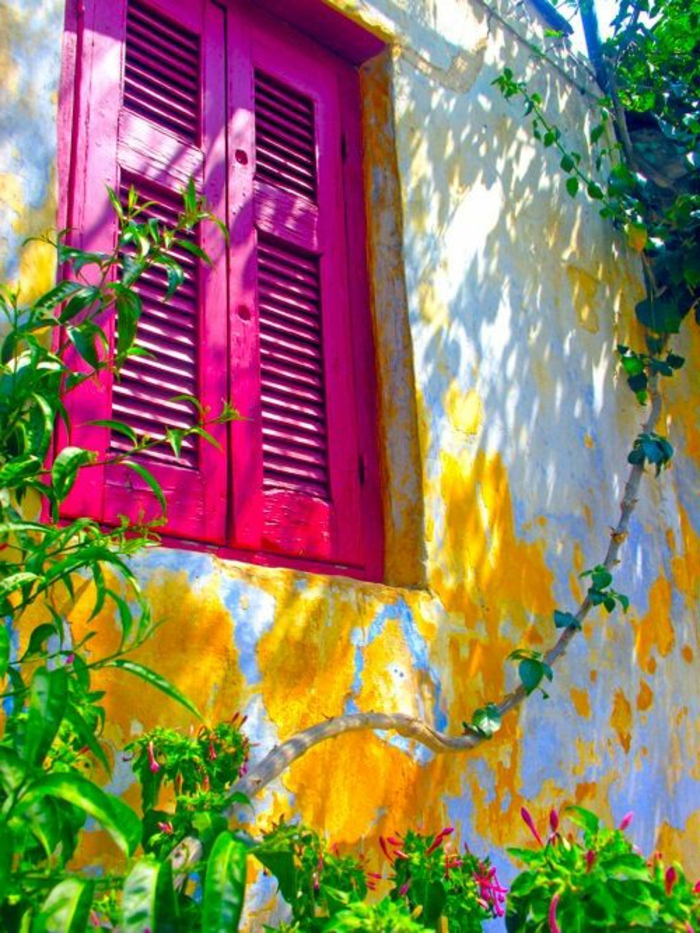 postigos cerrados-ciclamen Anafiotika-Atenas-Grecia bella imagen en color