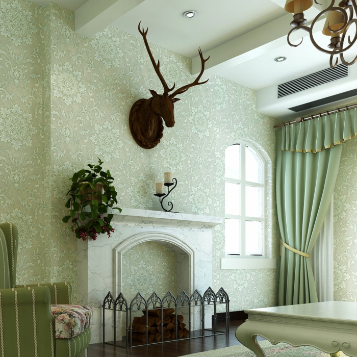 美丽的室内壁炉和优雅的幕墙装饰鹿头贵族椅复古壁纸