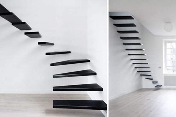 mur blanc et escalier flottant en noir
