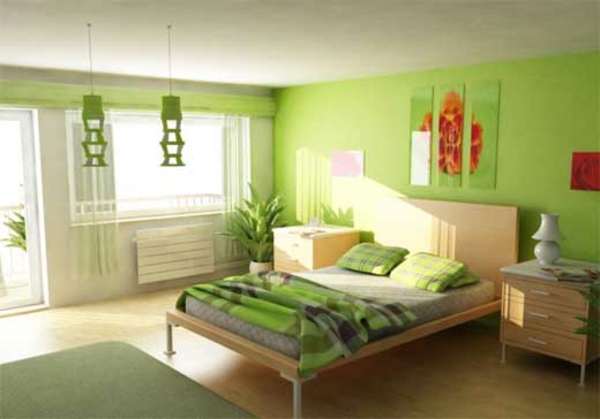huone-maalaus-ideat-makuuhuone-kanssa-vihreä-seinä-maali ja kasveja