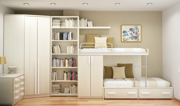 chambre-design-idées-blanc-chambre d'enfant avec le lit mezzanine et la bibliothèque blanche