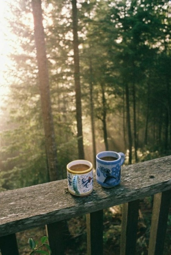 اثنين من القهوة الكؤوس على رأس خشبية تراس في الغابات