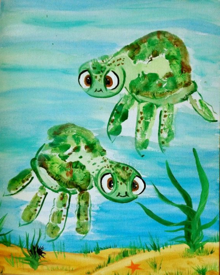שני צבים ירוקים יפים - תמונה עם טביעת יד